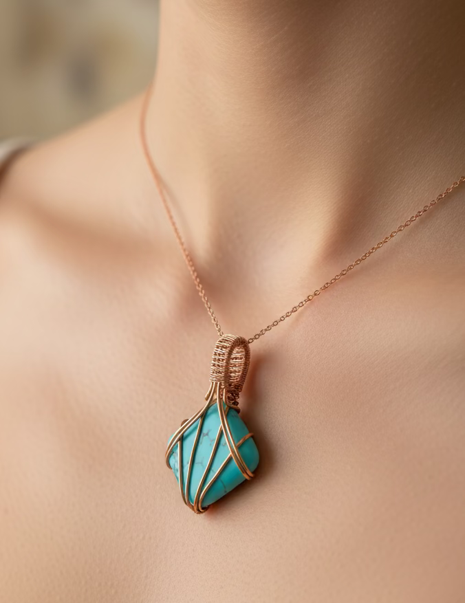 Turquoise Bead Copper Wire Wrapped Pendant