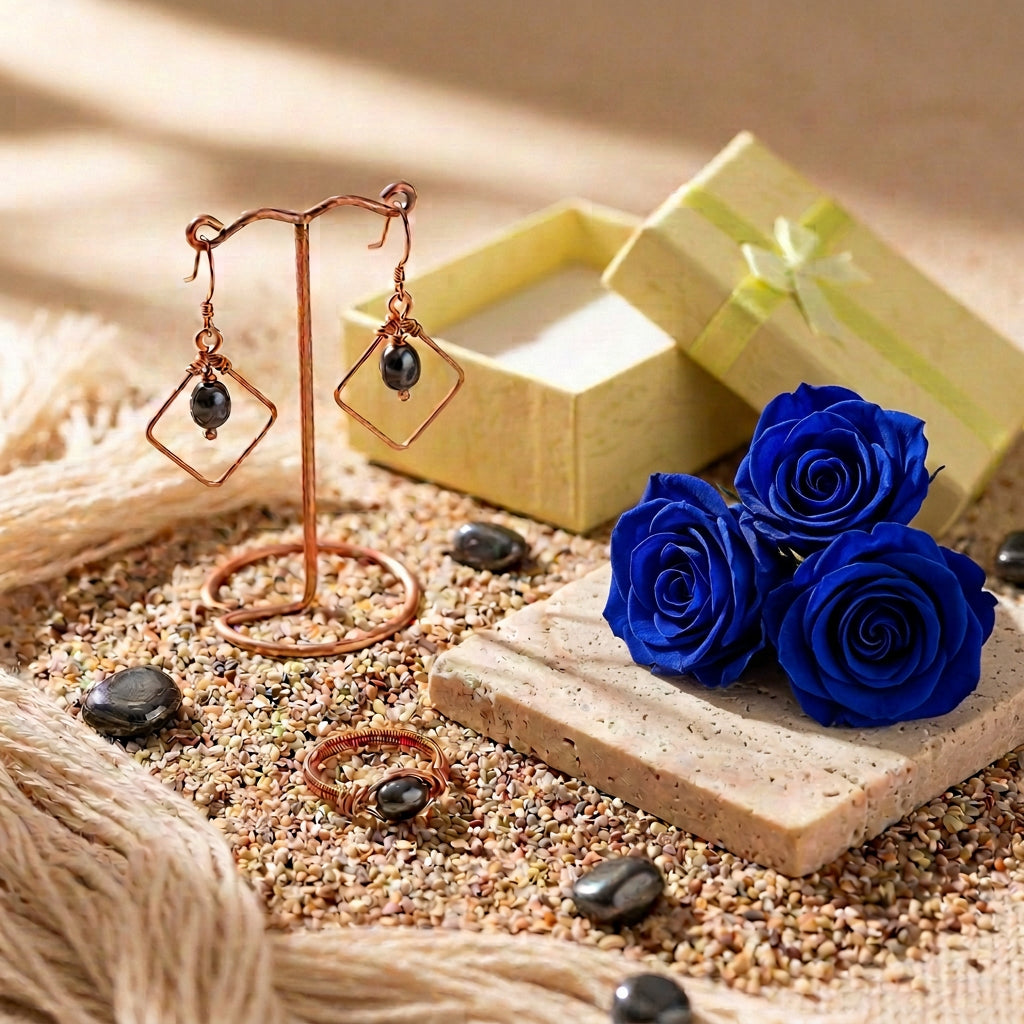 Pearl Alchemy earrings and ring of blue/grey pearl copper displayed together.
