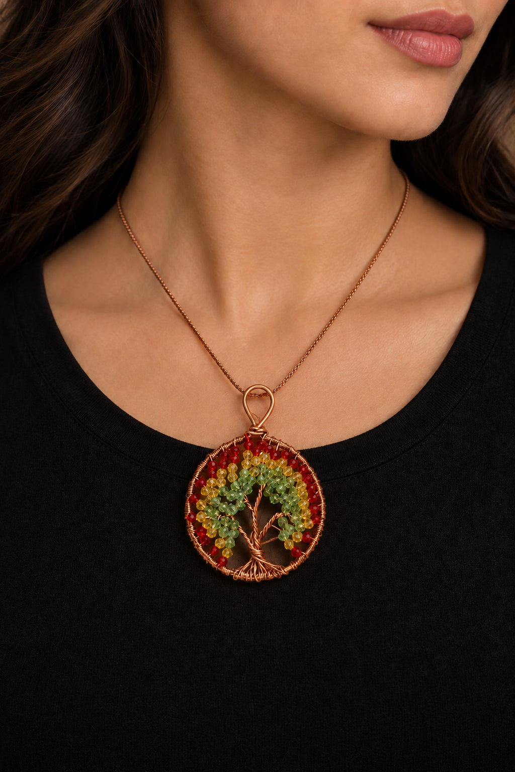 Alchemy Flame copper Tree of Life pendant worn as statement necklace