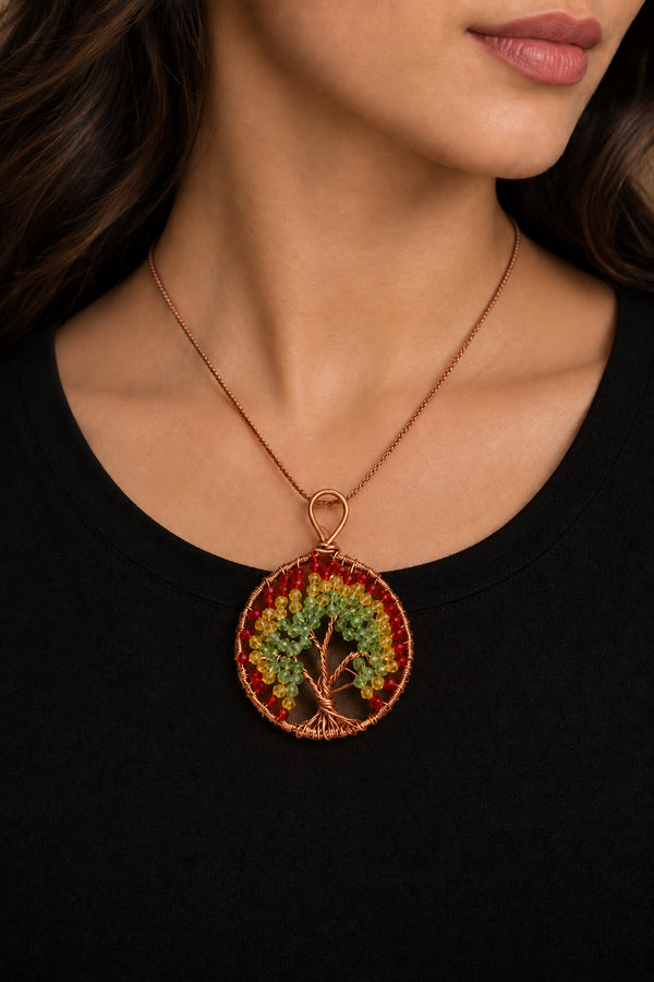 Alchemy Flame copper Tree of Life pendant worn as statement necklace