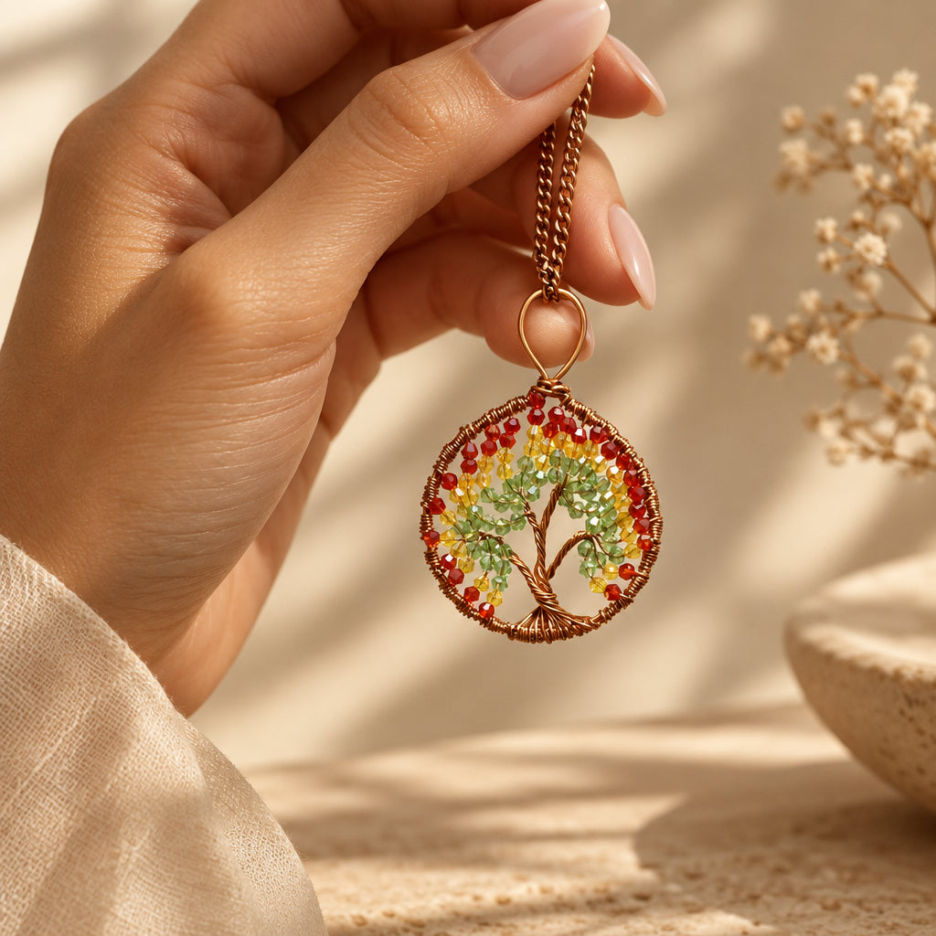 Alchemy Flame Canadian autumn inspired Tree of Life pendant hold in hand
