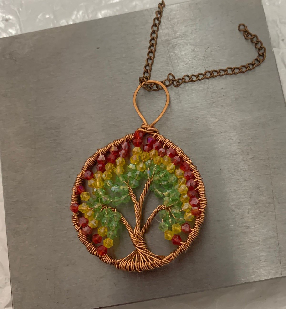 Alchemy Flame handmade copper Tree of Life pendant with red yellow and green glass beads