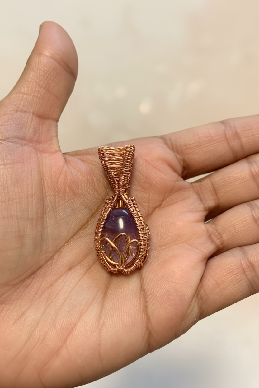 Amethyst Lotus Pendant in Copper Wire Wrap | Handmade Crystal Necklace