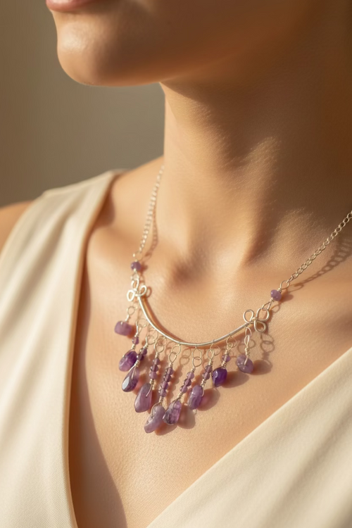 Elegant artisan necklace crafted with genuine amethyst stones displayed on a model in natural light.