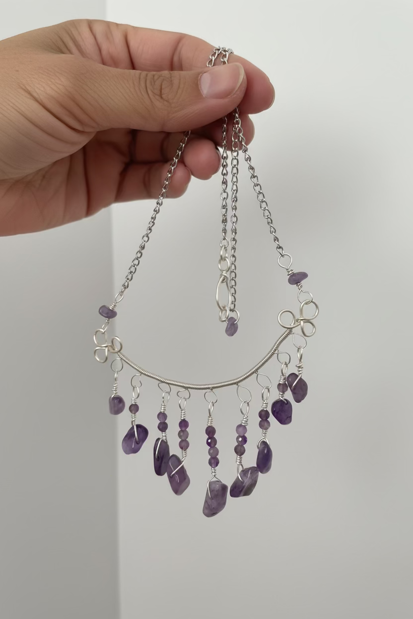 Amethyst Drop Necklace – Handmade Silver tone Jewelry - Boho Gemstone Statement Necklace