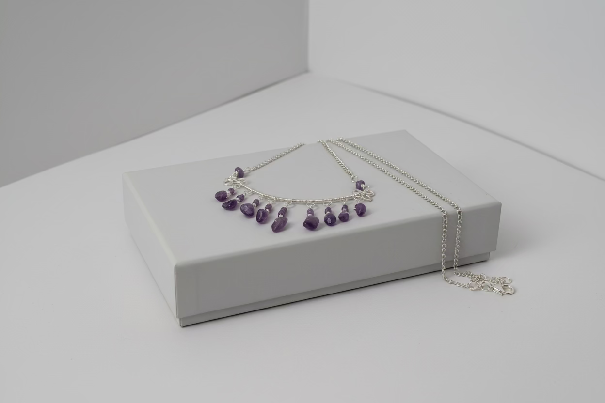 Amethyst Drop Necklace – Handmade Silver tone Jewelry - Boho Gemstone Statement Necklace