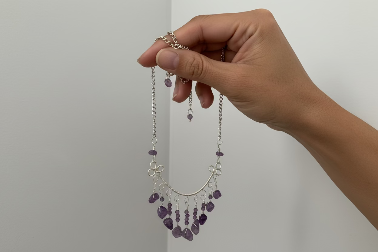 Amethyst Drop Necklace – Handmade Silver tone Jewelry - Boho Gemstone Statement Necklace