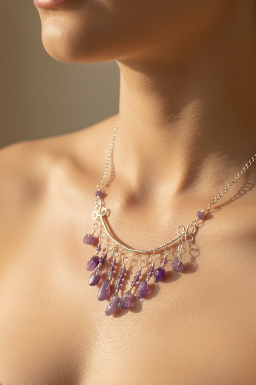 Amethyst Drop Necklace – Handmade Silver tone Jewelry - Boho Gemstone Statement Necklace