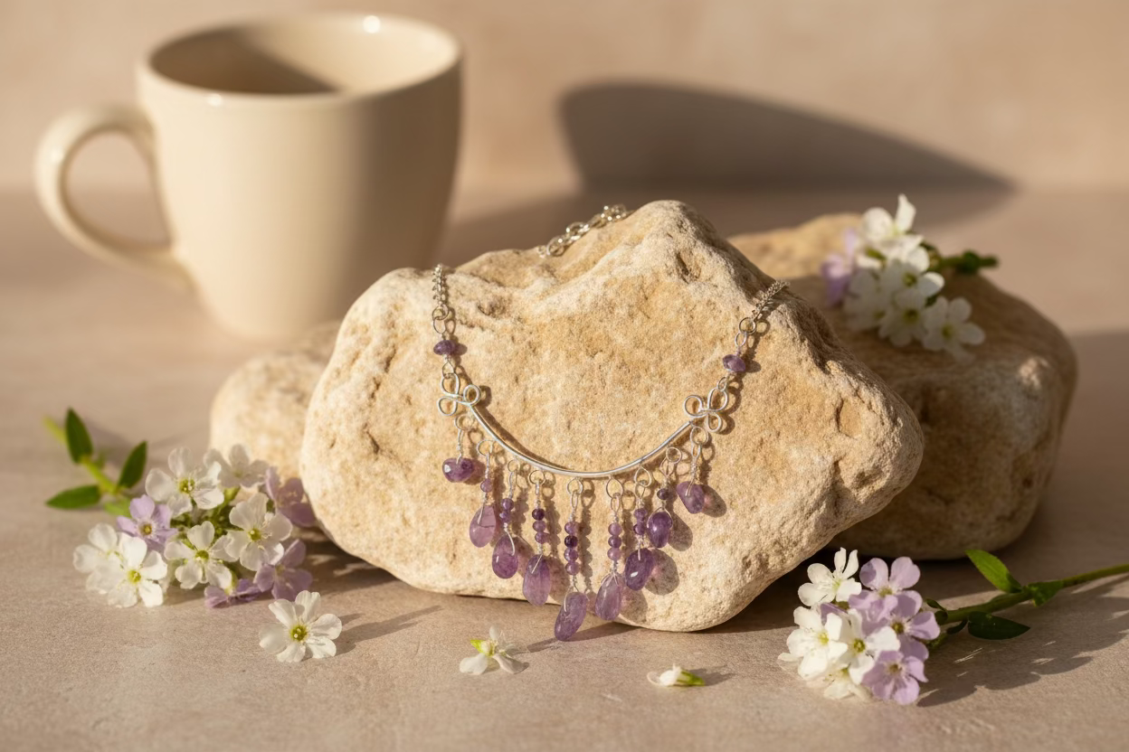 Amethyst Drop Necklace – Handmade Silver tone Jewelry - Boho Gemstone Statement Necklace