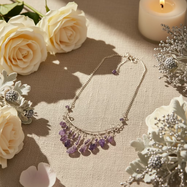 Amethyst Drop Necklace – Handmade Silver tone Jewelry - Boho Gemstone Statement Necklace