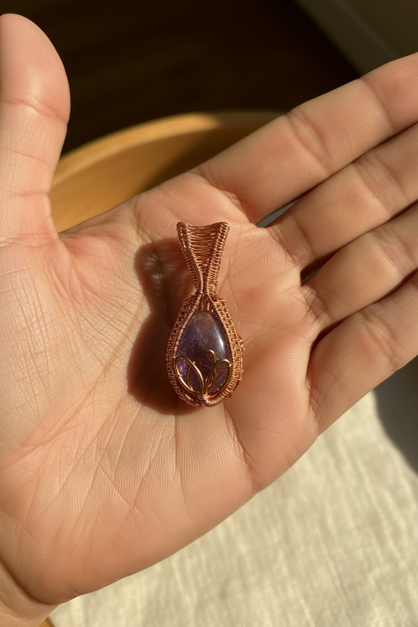Amethyst Lotus Pendant in Copper Wire Wrap | Handmade Crystal Necklace