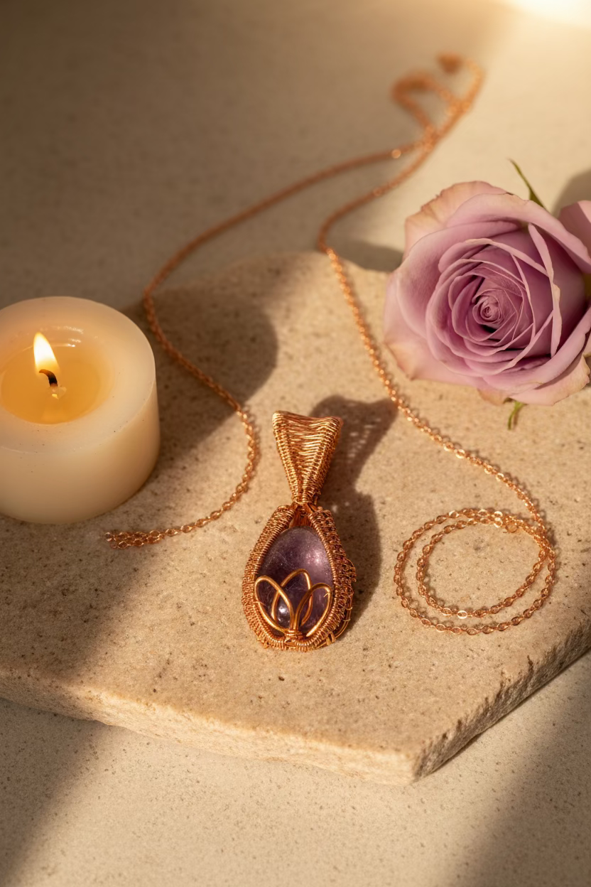 Amethyst Lotus Pendant in Copper Wire Wrap | Handmade Crystal Necklace