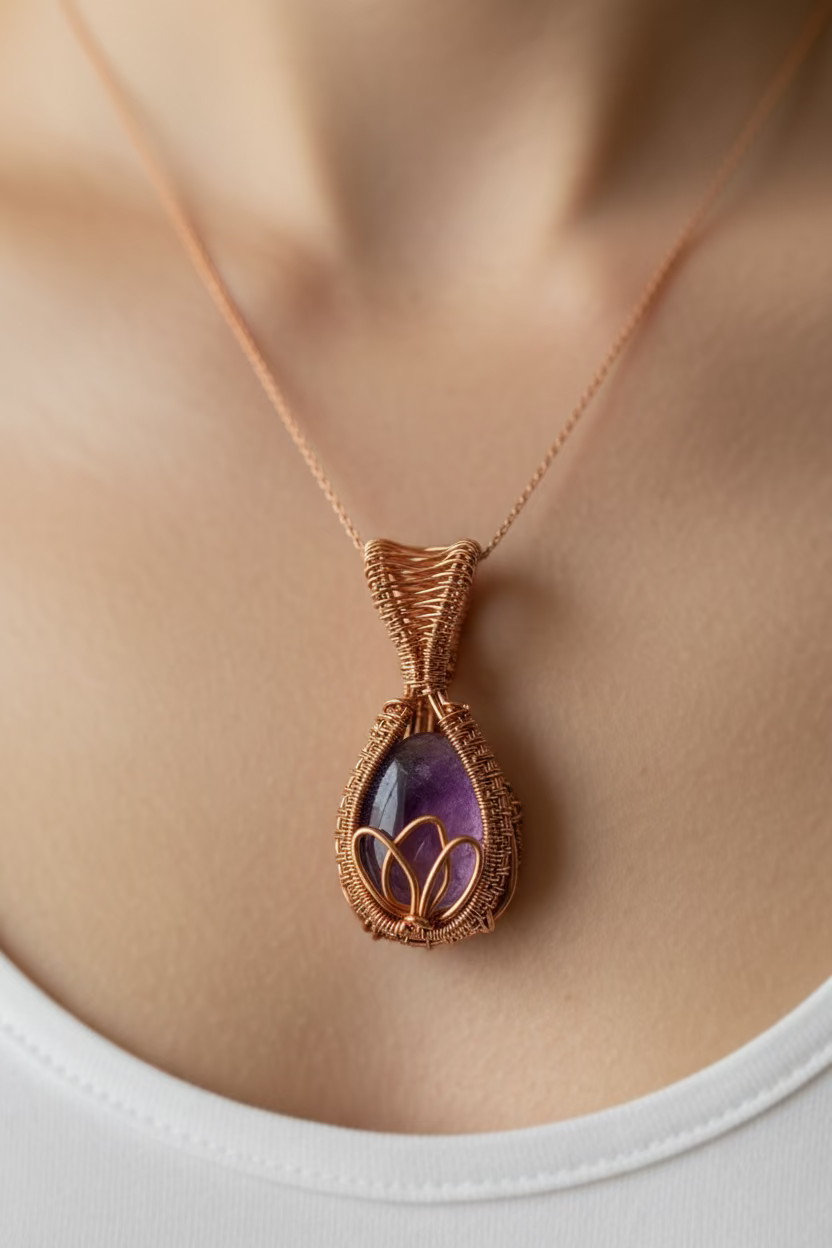Amethyst Lotus Pendant in Copper Wire Wrap | Handmade Crystal Necklace