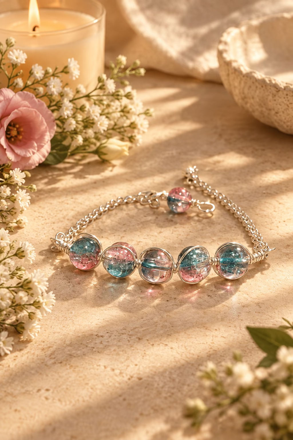 Aurora Kiss handmade teal and pink dual-colour glass bead bracelet in silver-toned copper wire.