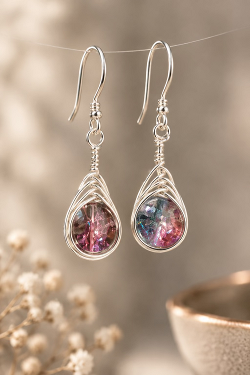 Aurora Kiss handmade blue and pink dual-colour glass bead earrings in silver-toned copper wire.