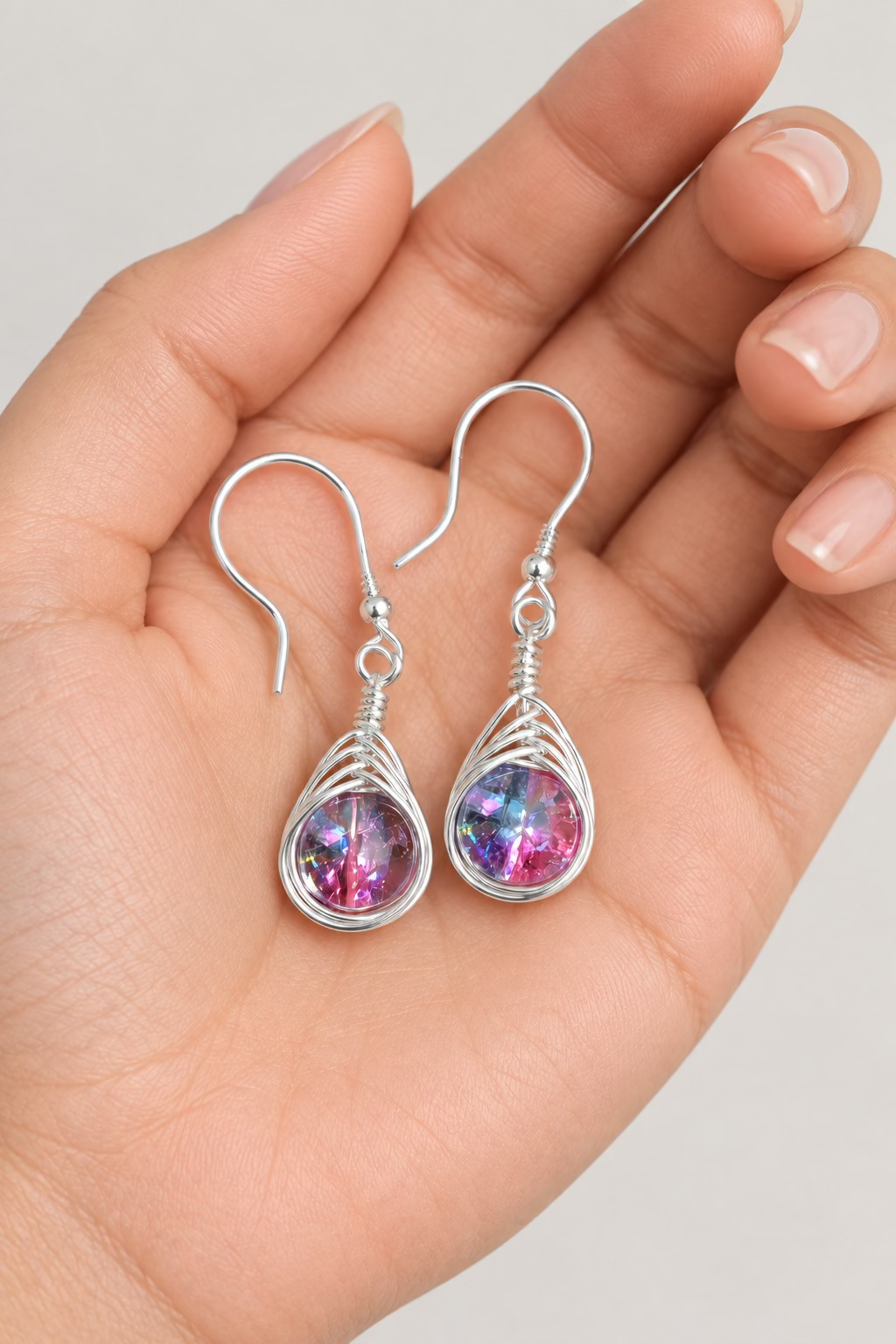 Aurora Kiss handmade blue and pink dual-colour glass bead earrings in silver-toned copper wire
