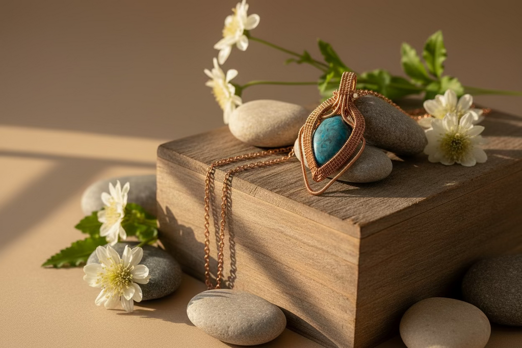 Gift-box presentation of the Azure Ember Talisman handcrafted copper pendant.