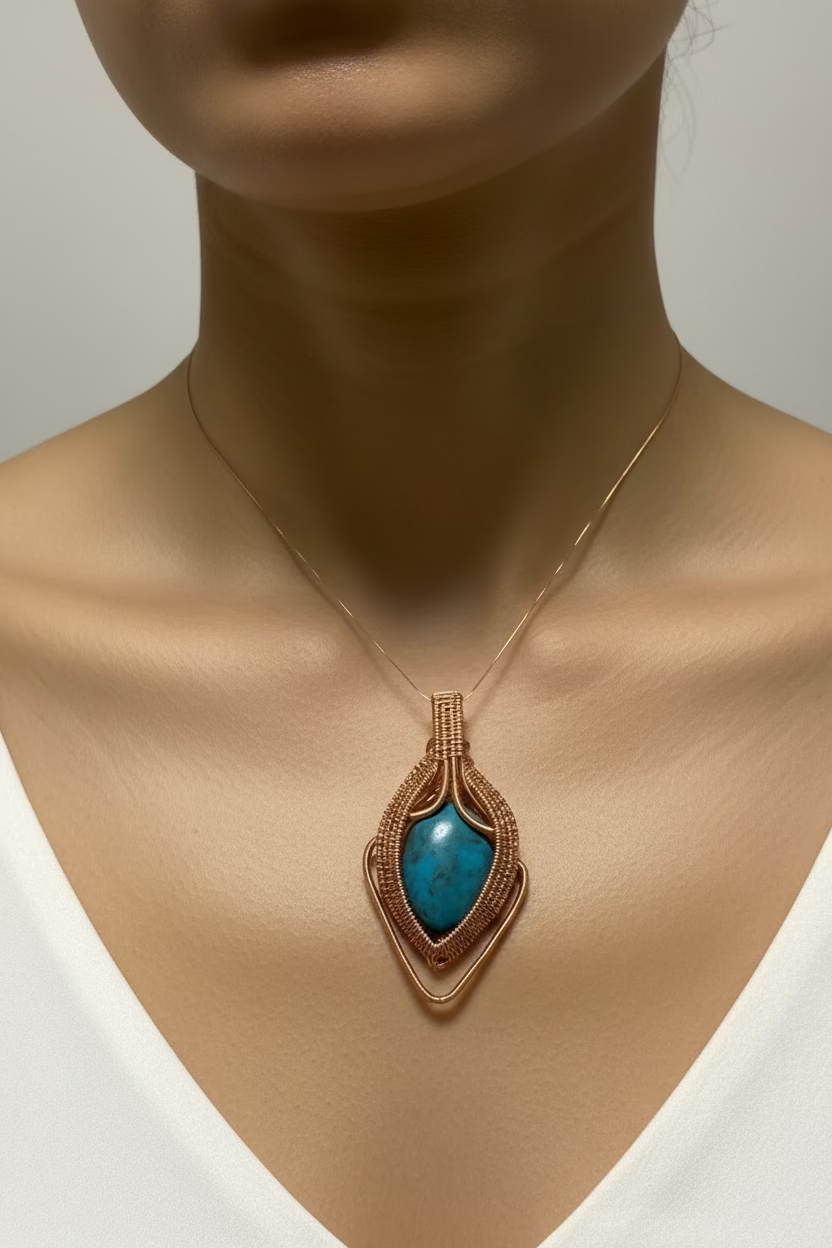 Azure Ember Talisman pendant worn on a model, featuring handwoven copper artistry and a vibrant blue cabochon stone.