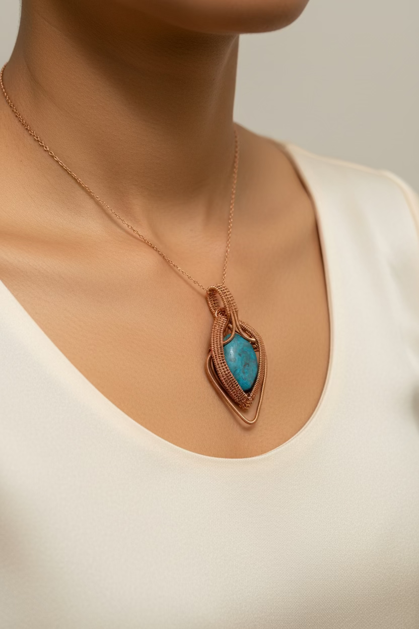 Model wearing the Azure Ember Talisman, a one-of-a-kind copper pendant with a striking blue centerpiece.