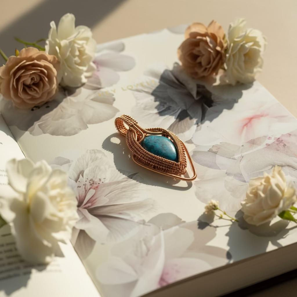 Azure Ember Talisman displayed in a styled flat lay, featuring a blue cabochon wrapped in woven copper.