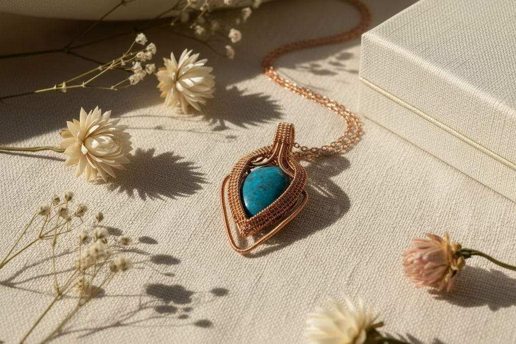 Flat lay of the Azure Ember Talisman artisan pendant on a neutral background.