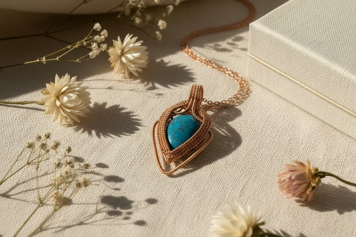 Flat lay of the Azure Ember Talisman artisan pendant on a neutral background.