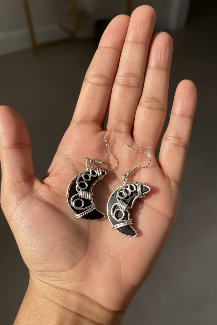 Black Moon Jewelry Set – Handcrafted Pendant & Earrings in Silver tone Wire Wrap | Celestial Gothic Gift