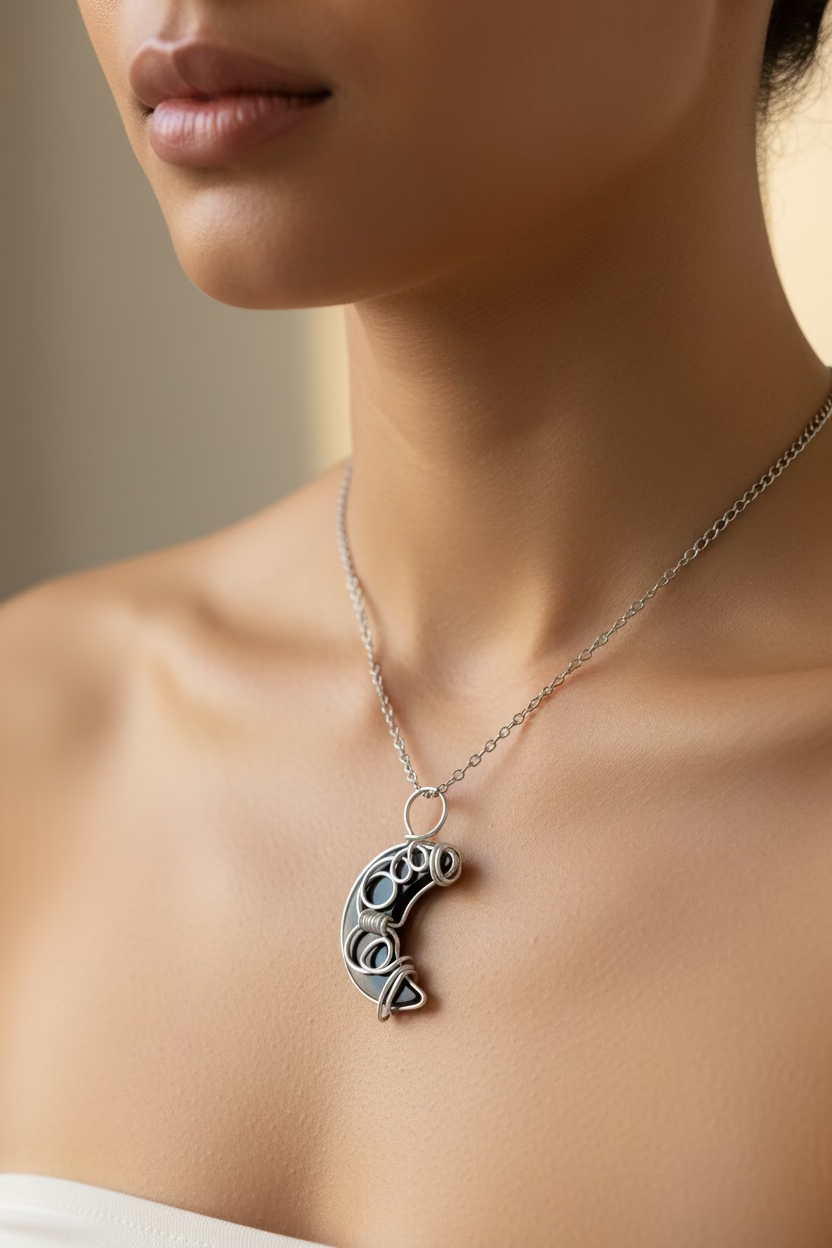 Black Moon Jewelry Set – Handcrafted Pendant & Earrings in Silver tone Wire Wrap | Celestial Gothic Gift