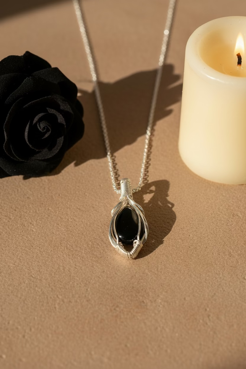 Black Cabochon Pendant – Silver-Toned Copper Wire Wrapped (4 cm)