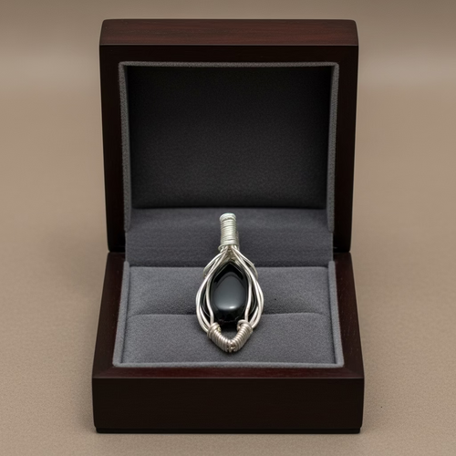 Black Cabochon Pendant – Silver-Toned Copper Wire Wrapped (4 cm)