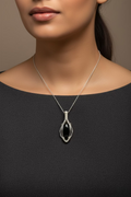 Black Cabochon Pendant – Silver-Toned Copper Wire Wrapped (4 cm)