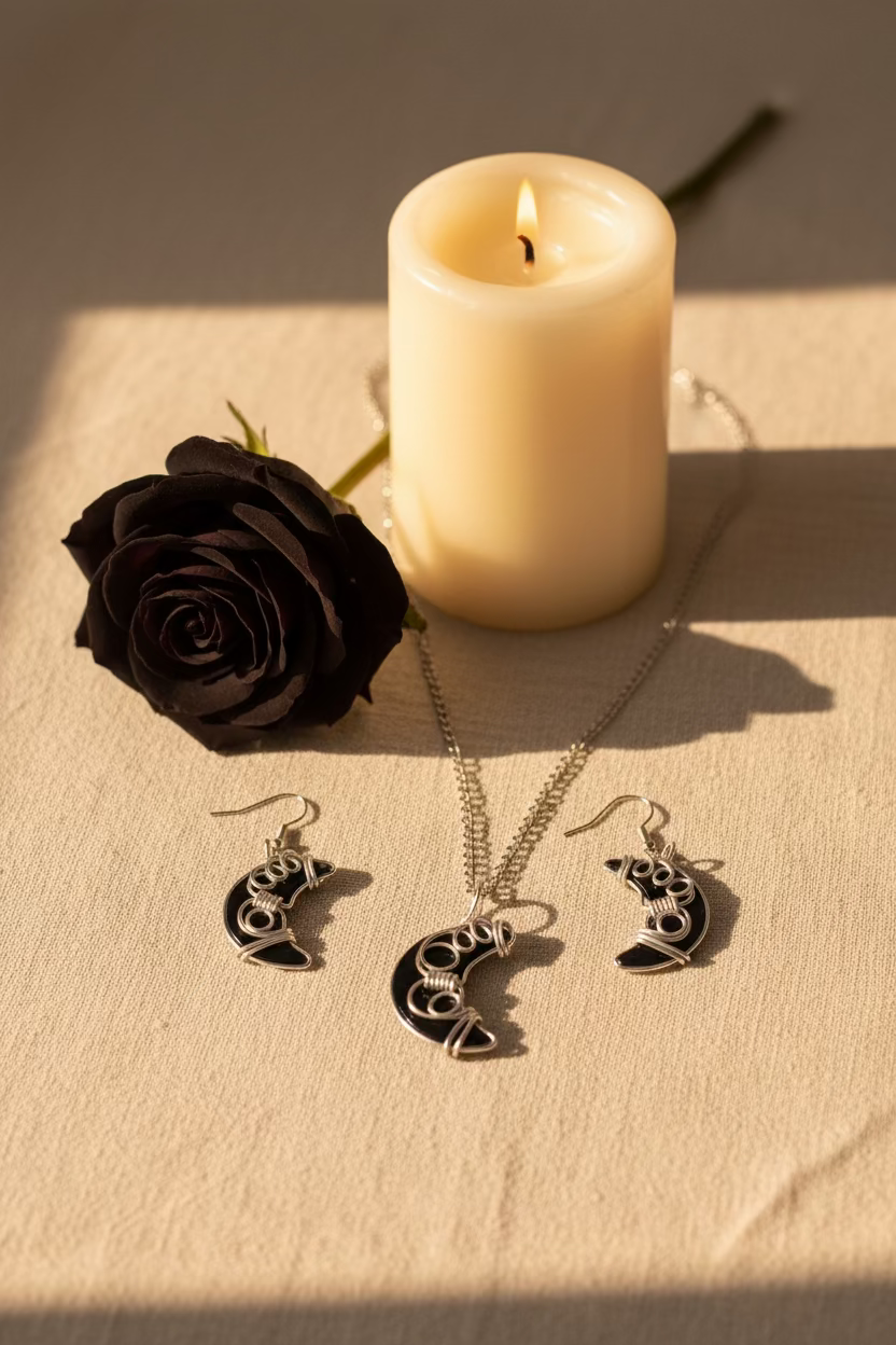 Black Moon Jewelry Set – Handcrafted Pendant & Earrings in Silver tone Wire Wrap | Celestial Gothic Gift