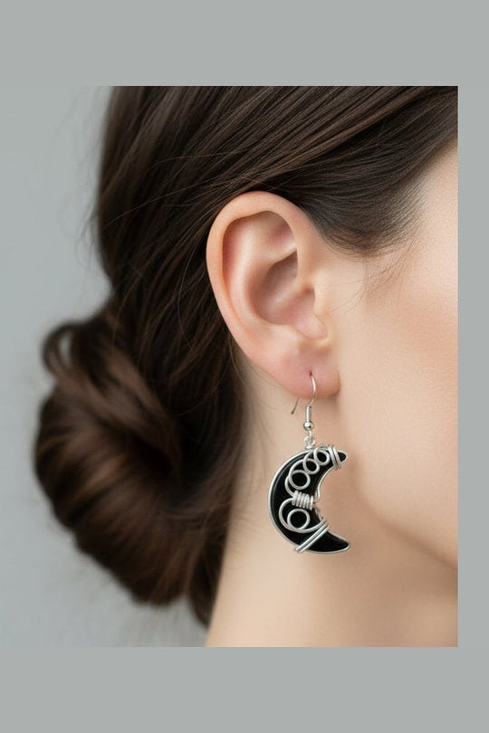 Black Moon Jewelry Set – Handcrafted Pendant & Earrings in Silver tone Wire Wrap | Celestial Gothic Gift