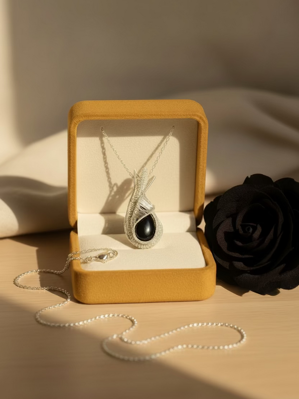 Black Onyx Wire Wrapped Pendant – Silver Tone Artisan Jewelry | Statement Teardrop Pendant