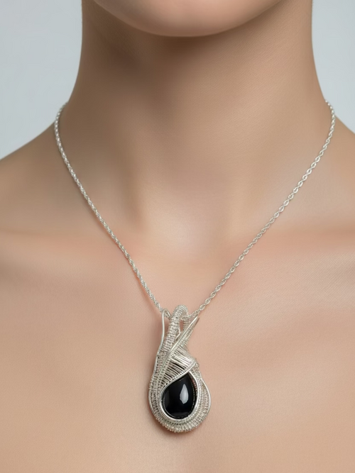Black Onyx Wire Wrapped Pendant – Silver Tone Artisan Jewelry | Statement Teardrop Pendant