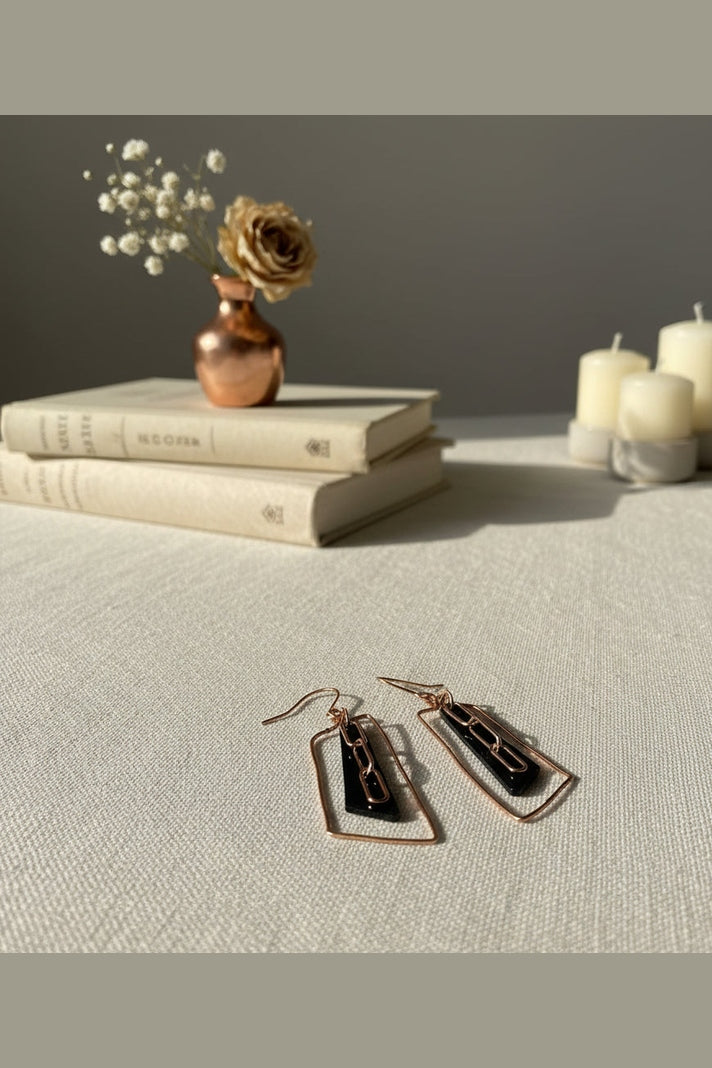 Black Resin and Copper Wire Geometric Drop Earrings – Modern Handmade Statement Jewelry