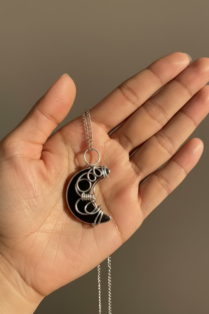 Black Moon Jewelry Set – Handcrafted Pendant & Earrings in Silver tone Wire Wrap | Celestial Gothic Gift