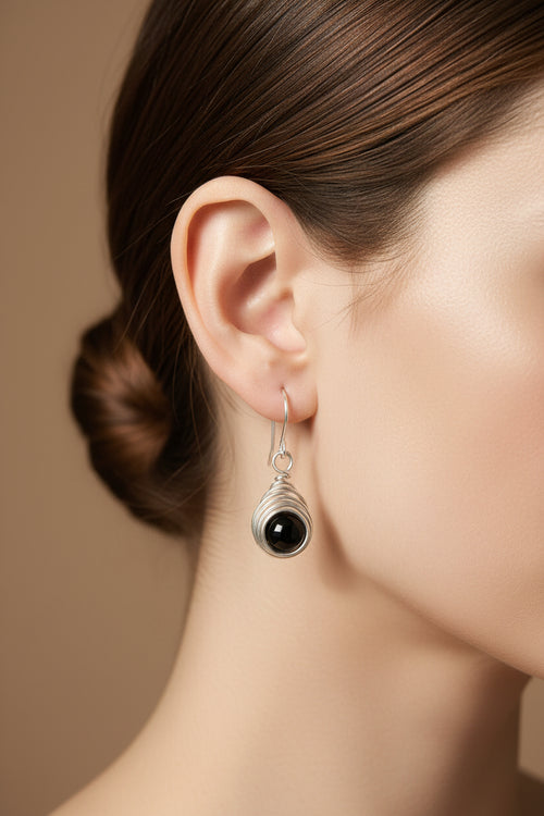 Black Faceted Bead Earrings – Minimalist Wire Wrapped Drops (Handmade)