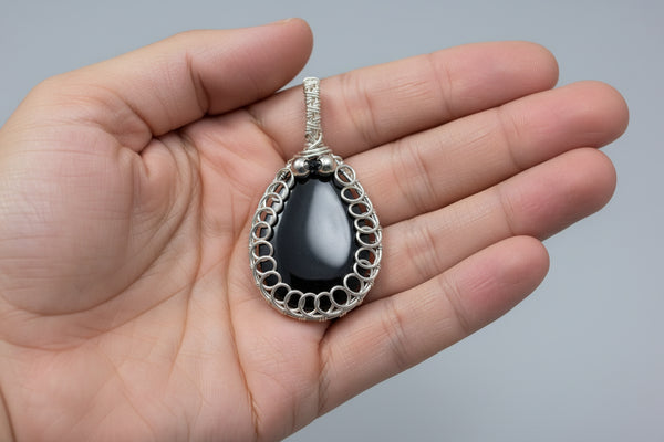 Black Resin Wire Wrapped Pendant Necklace – Silver Tone Copper | Handmade Statement Jewelry | Minimalist Gift for Her