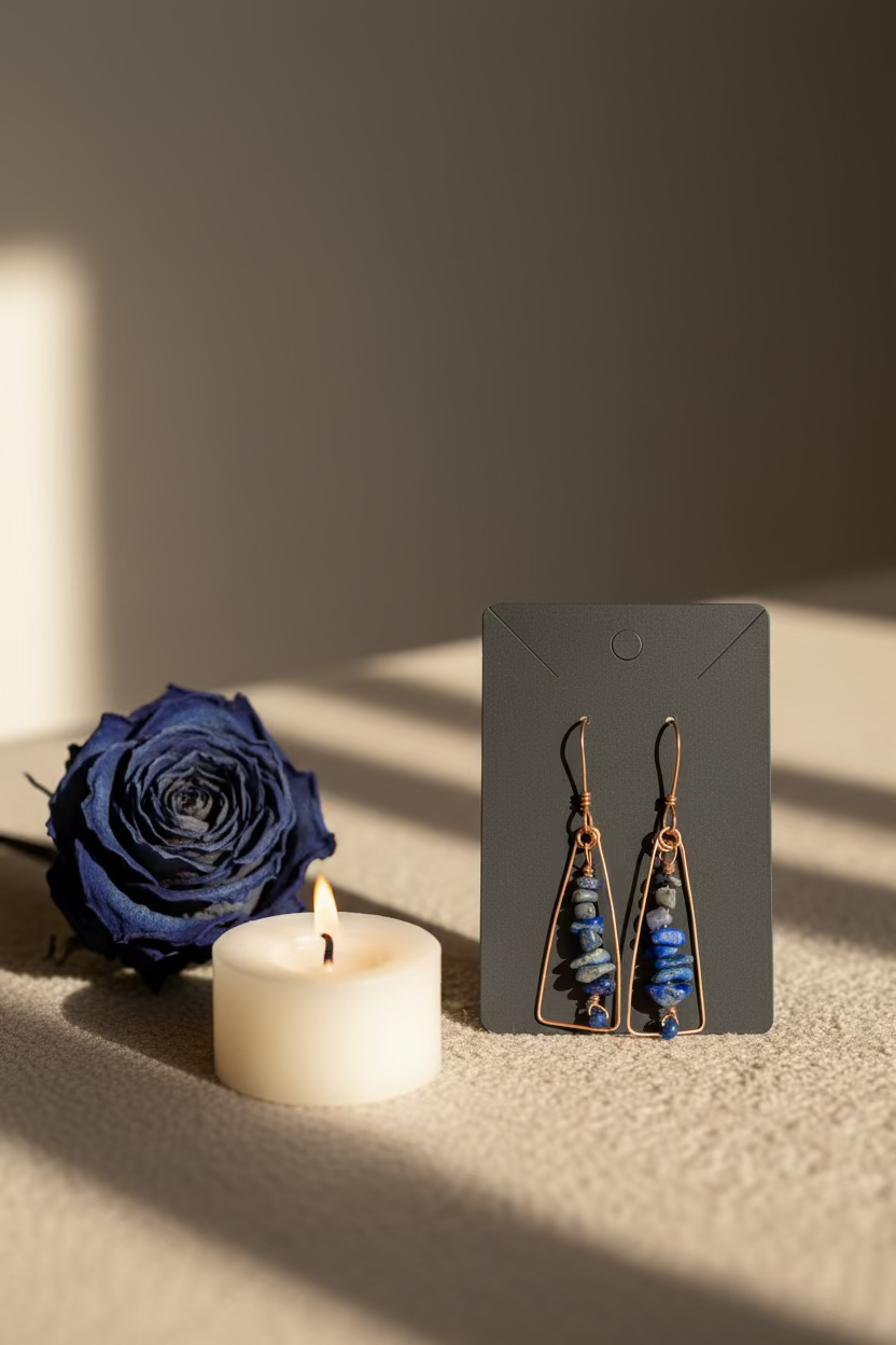 Handcrafted copper wire wrapped earrings with blue gemstone chips and faceted blue chalcedony bead accents displayed on a jewelry card.