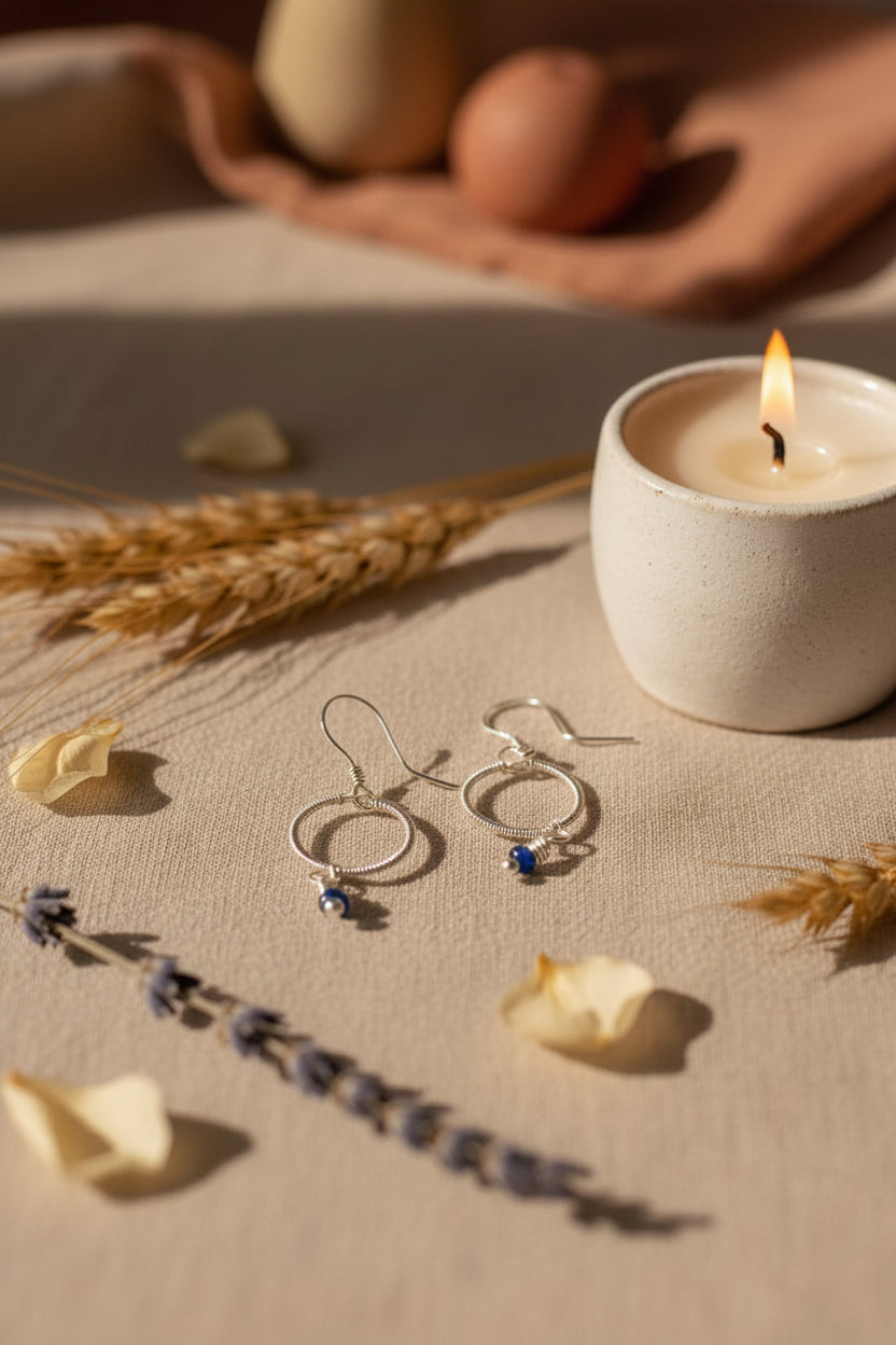 Blue Haven handmade blue chalcedony earrings in silver-toned copper arranged on linen with dried flowers and a candle.