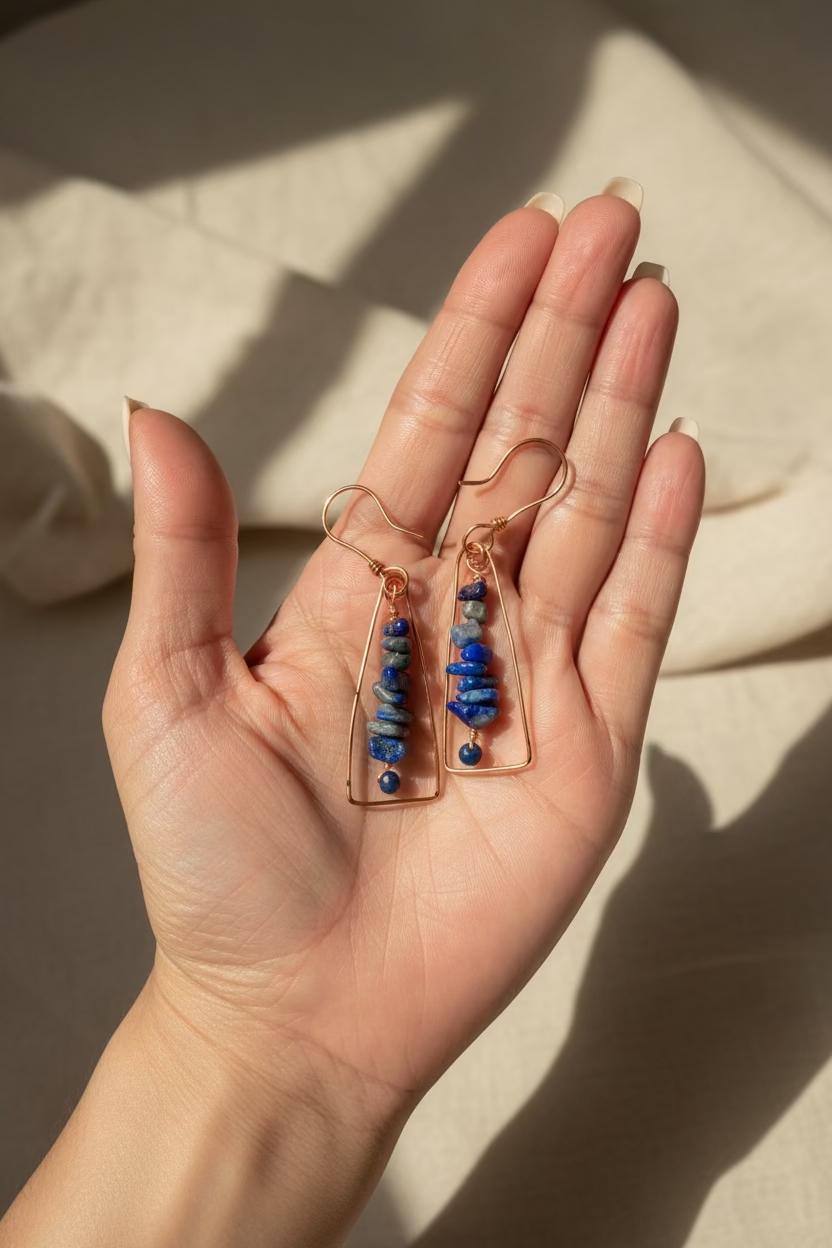 Close-up of handcrafted copper wire wrapped earrings with blue gemstone chips and faceted blue chalcedony beads held in hand.