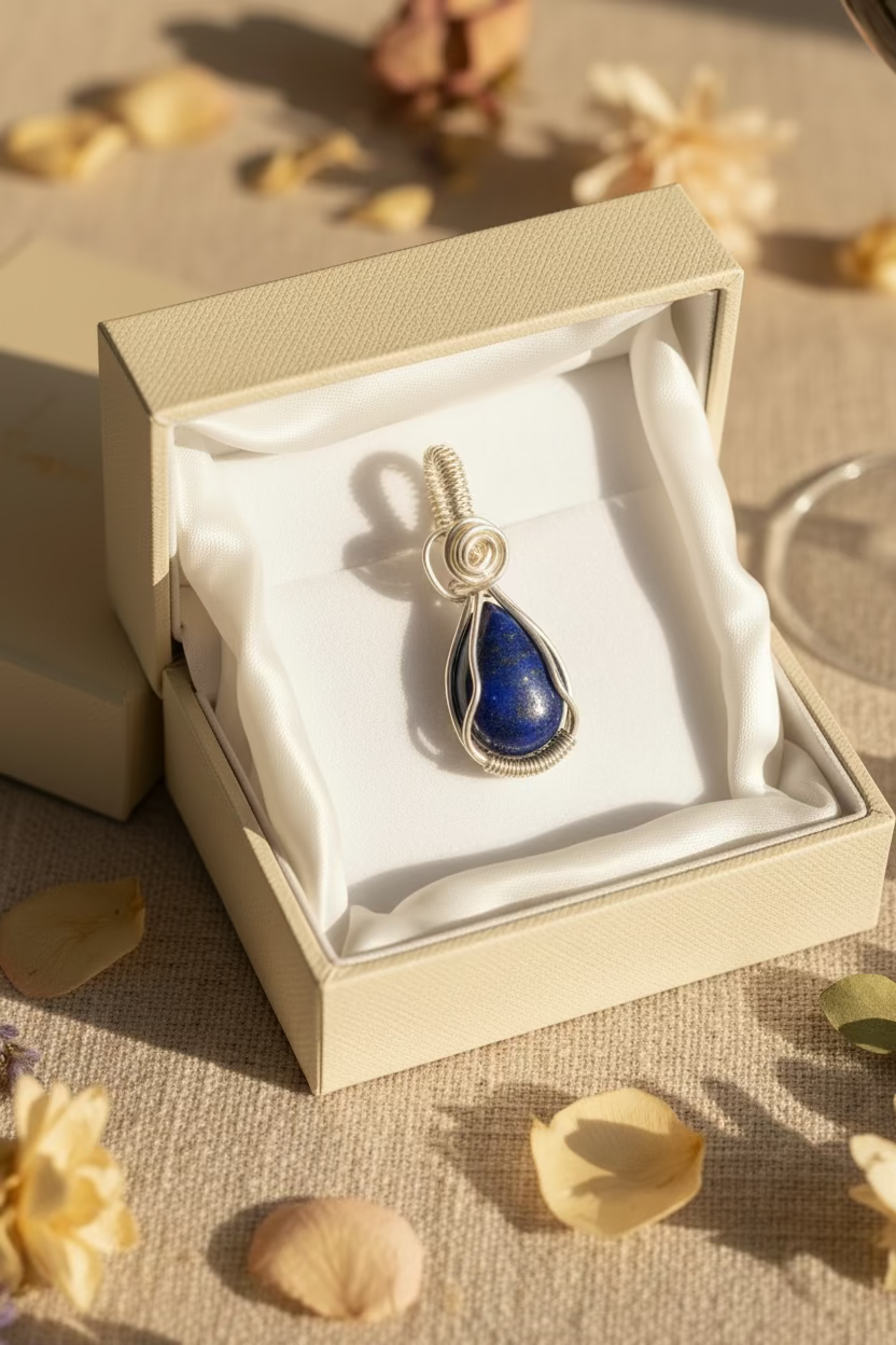 Lapis lazuli pendant with silver setting held in a gift box with luxury neutral background