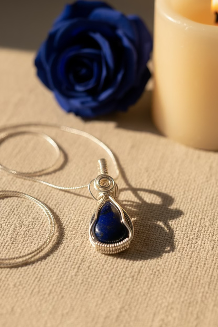 Lapis lazuli pendant with silver setting held in a luxury neutral background