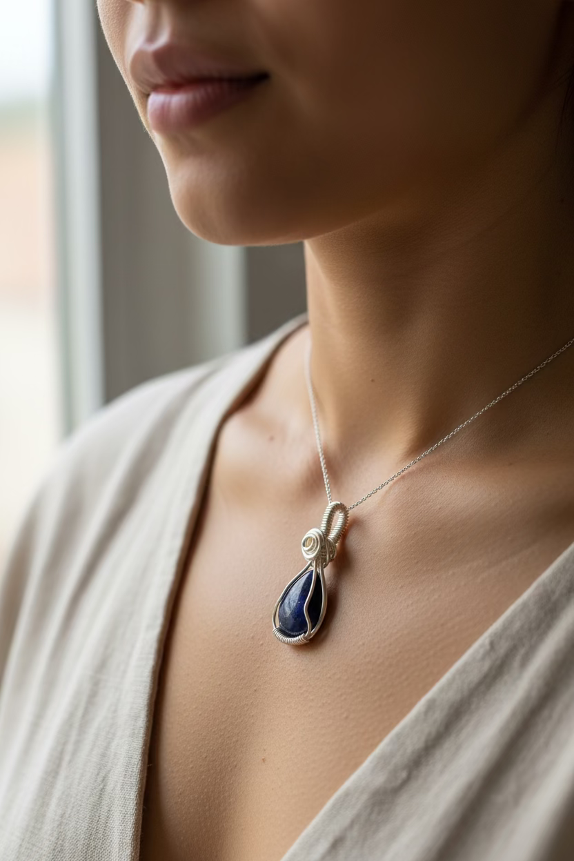 Lapis lazuli pendant with silver setting held in a hand against a neutral background