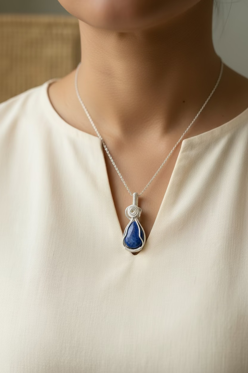 Model wearing a blue teardrop cabochon pendant with wire wrapping