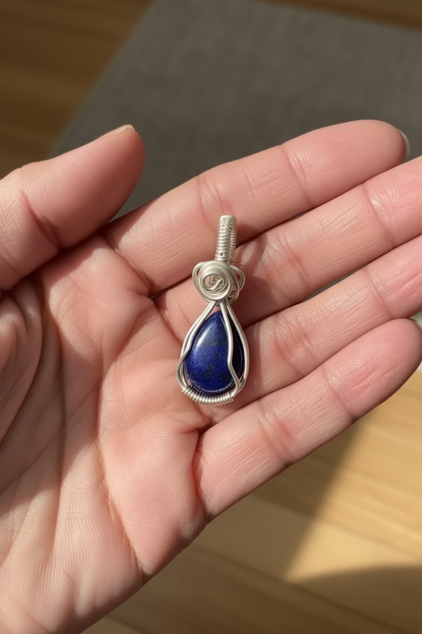 Hand holding a blue cabochon teardrop pendant with wire wrapping