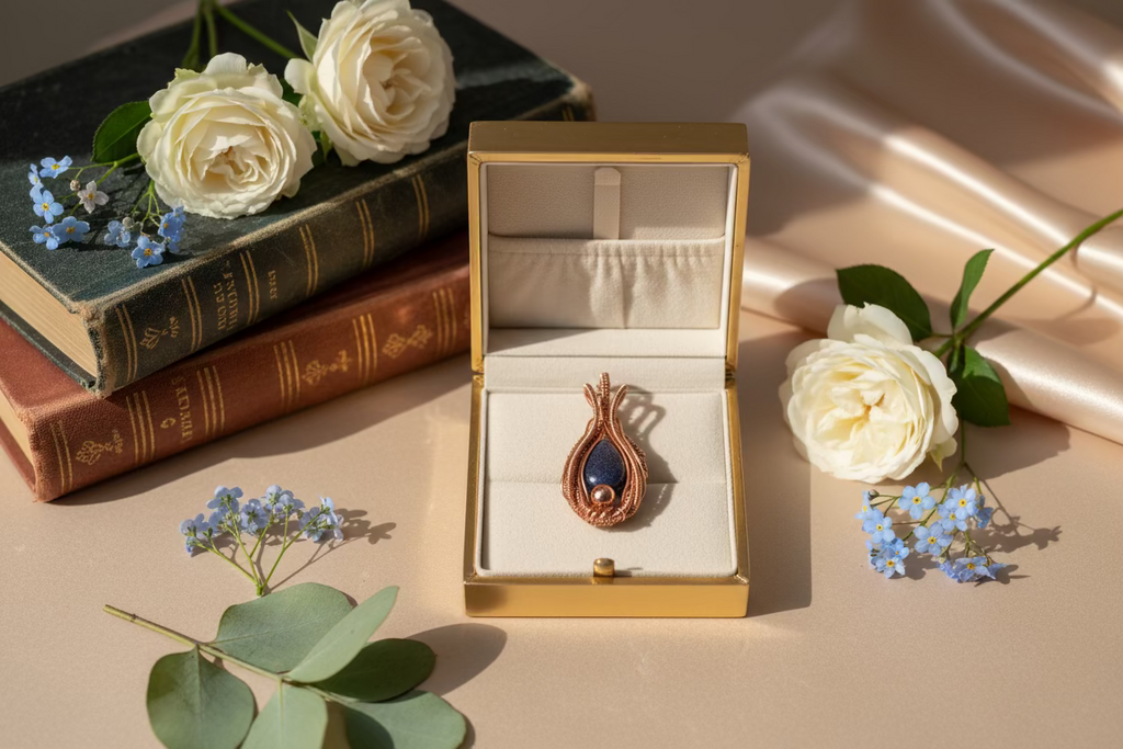 Copper pendant with a blue moonstone cabochon gift ready