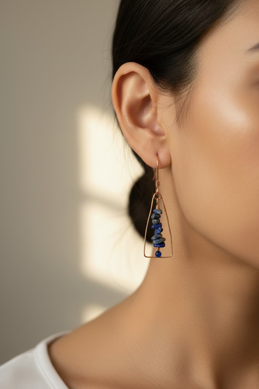 Model wearing Blue Horizon copper wire wrapped earrings featuring blue gemstone chips and faceted chalcedony bead drops.