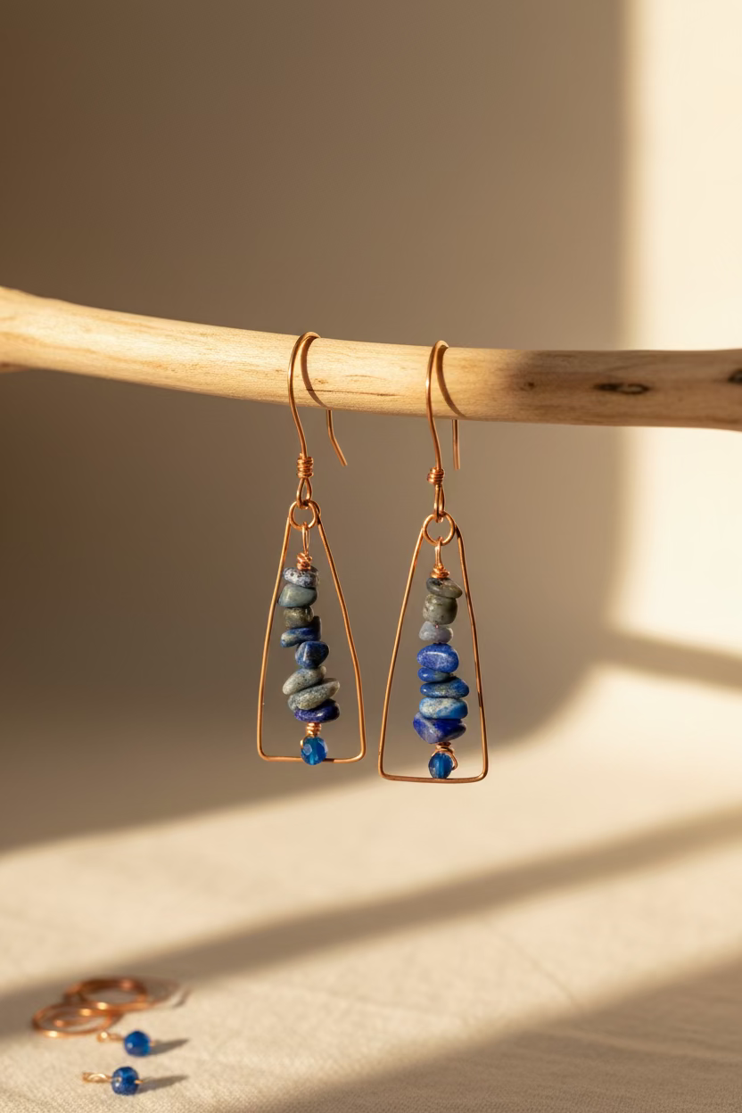 Blue Horizon copper wire wrapped earrings featuring blue gemstone chips and faceted chalcedony bead drops